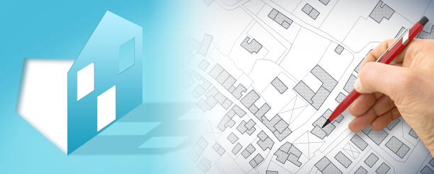 Imaginary cadastral map and General Urban Plan with buildings and land parcel - real estate property concept with small house Imaginary cadastral map and General Urban Plan with buildings and land parcel - real estate property concept with small house planning zoning stock pictures, royalty-free photos & images