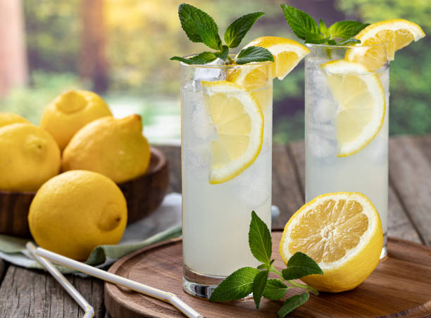 istock Two glasses of cold lemonade with rural background 1401339888