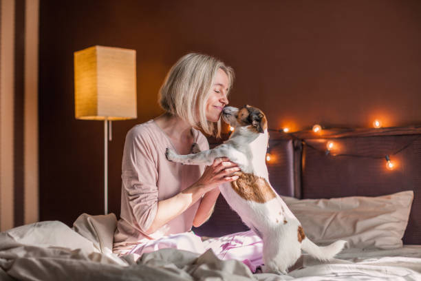istock Happy middle aged woman sits on bed and stretching arms 1401340009