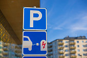 Close up view of parking sign for charging electric vehicles. Sweden.