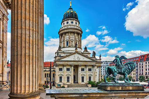 View to the French Cathedral in downtown Berlin at the historic square Gendarmenmarkt.