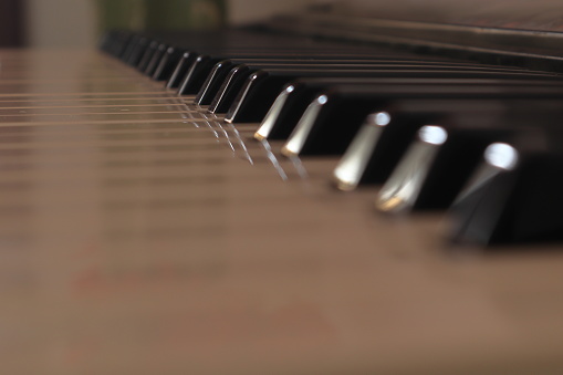 Musical Instrument. keyboard details of a piano with focus restricted to the middle keys of the image, narrow depth of field