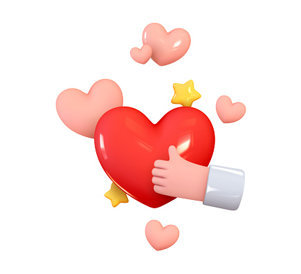 Red and pink hearts, hand shows like sign, class, yellow stars. Realistic 3d design. Objects fall and levitate. Vector illustration.