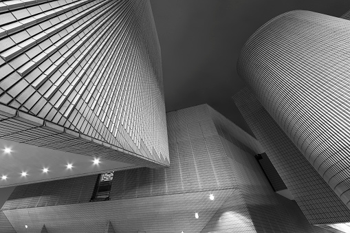 Detail of the Cologne Tower (Kölnturm) in bright sunlight. Black and white converted image.