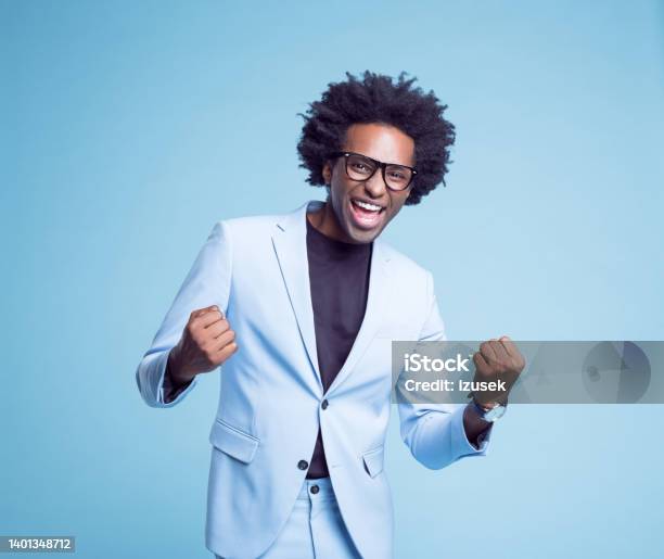 Happy Businessman Clenching Fists Stock Photo - Download Image Now - Celebration, Businessman, Cut Out