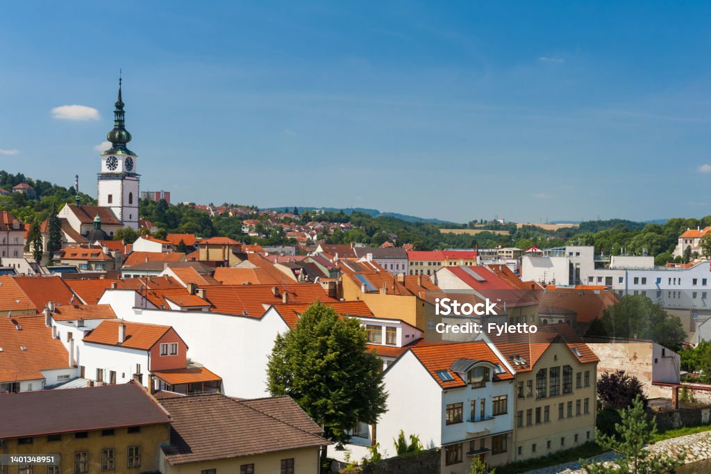 Trebic town in the Czech Republic seen from above Town of Trebic located in Moravia in the Eastern Czech Republic. City Centre and river Jihlava seen from above Above Stock Photo