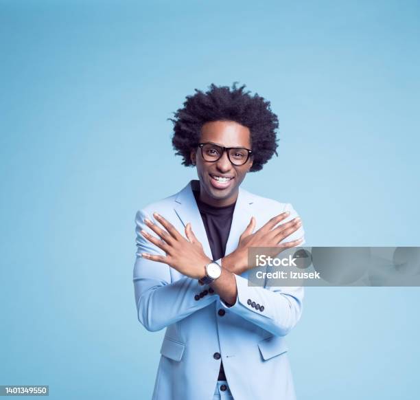 Smiling Businessman Showing Cross Gesture Stock Photo - Download Image Now - Sign Language, Cut Out, Men