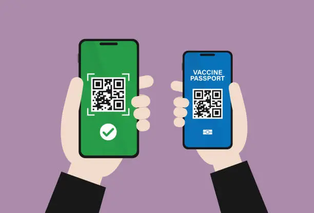 Vector illustration of Officer uses a QR code scanner to check a vaccine passport