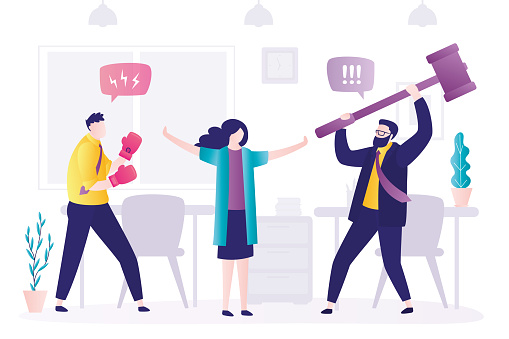 Woman tries to prevent fight between colleagues. Angry man with hammer swings at opponent. Worker in boxing gloves ready to hit enemy. Business competition, goal achievement. Flat vector illustration