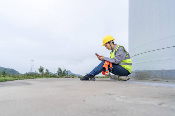 istock A female worker sits under a wind turbine to rest and use a mobile phone 1401353602