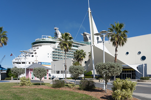 Cape Canaveral, FL, USA -  January, 15, 2022: A Royal Caribbean cruise ship in Port Canaveral, FL, USA. Royal Caribbean Group is an American global cruise holding company.