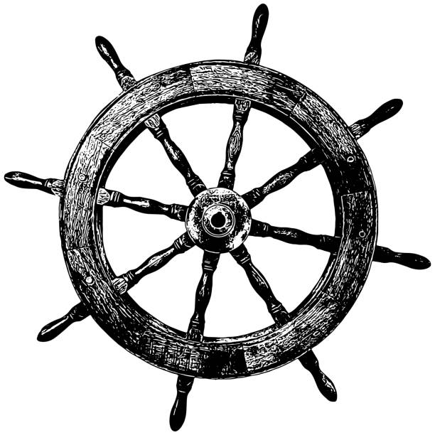 Wooden ships steering wheel Wooden ships steering wheel vector illustration in black on white background vintage steering wheel stock illustrations