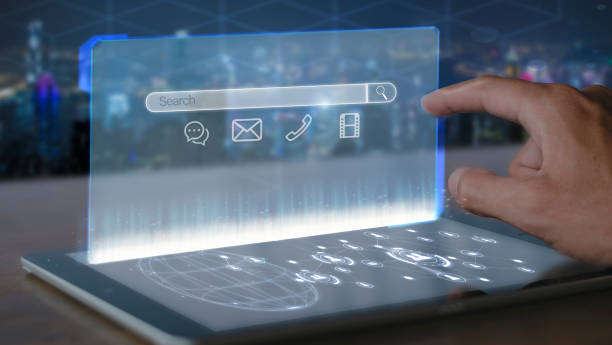 istock Man hand use finger touch virtual digital screen search bar connect to social media and social network Online marketing concept, new technology and business process strategy, automate operation 1401355405