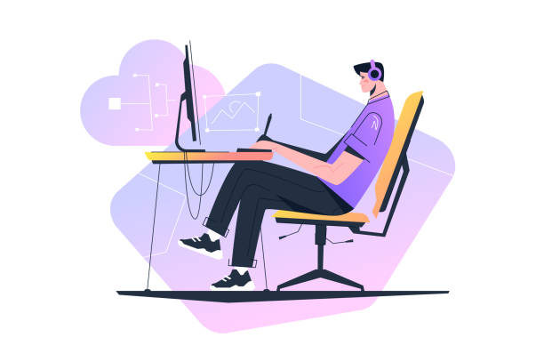 Digital designer working on laptop at workplace Digital designer working on laptop at workplace vector illustration. Man working at project flat style concept. Freelancing idea illustrator stock illustrations