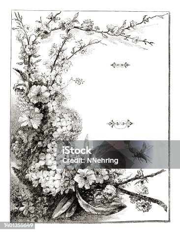 istock woodcut frame with flower bouquet and bee 1401355649