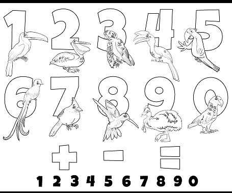 Black and white cartoon illustration of educational numbers set from one to nine with funny birds animal characters coloring page