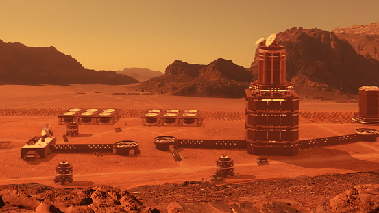 Mars space outpost or an alien colony in arid red desert. Space program mission. NASA Public Domain Imagery