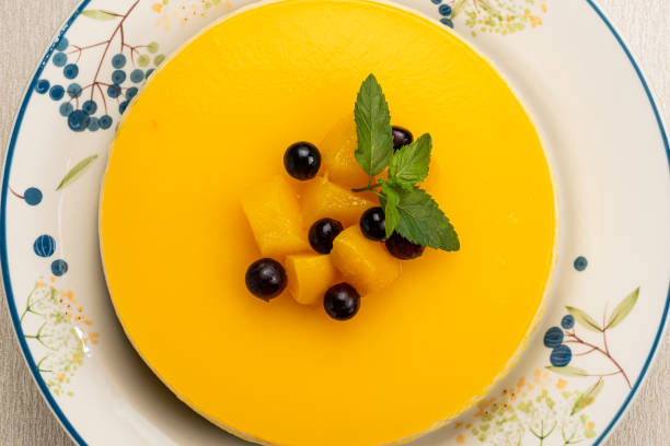 Top view of delicious homemade peach cheesecake.