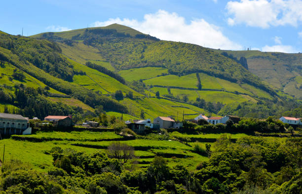 Azores beautiful patchwork landscape. Flores island scenic view. Açores holidays.