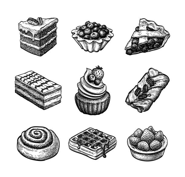 Sweets and pastries ink sketches set.