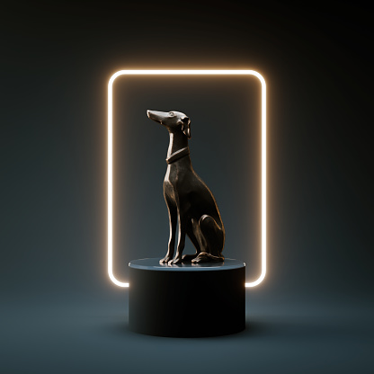 A greyhound or whippet sculpture casting of metal on a round green stage lit by a rectangular neon back light  - 3D render