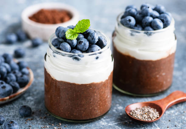istock Chocolate chia pudding with greek yogurt and blueberries in jar 1401363330