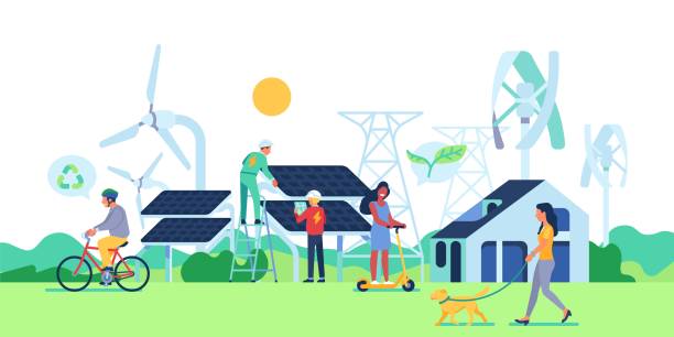 illustrations, cliparts, dessins animés et icônes de énergie verte résidents de la ville. environnement écologique les gens. les hommes et les femmes de style plat se promènent dans le parc. éoliennes et panneaux solaires. sources naturelles d’électricité renouvelables. concept vectoriel - civilian