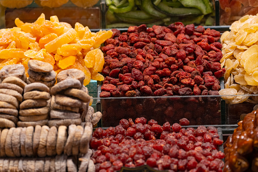 Assortment of organic dried fruits mix in local bazaar market of Yerevan armenian capital