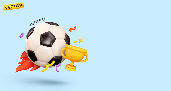 Soccer ball with golden cup. Creative concept background with sports attributes design elements. Realistic 3d object cartoon style. Sports football game. vector illustration