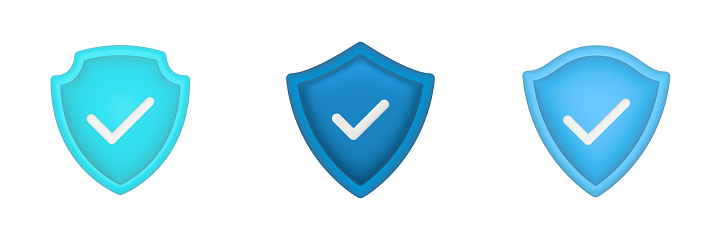 Shield check mark 3d icon set. Protection guard blue symbol collection. Illustration isolated on white.