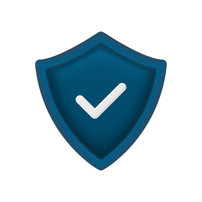Shield check mark 3d icon. Protection guard blue symbol. Illustration isolated on white.