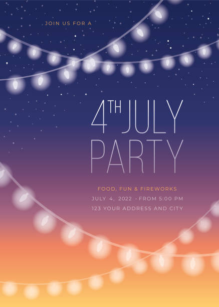 illustrations, cliparts, dessins animés et icônes de modèle d’invitation de partie de juillet avec des lumières de corde. - firework display celebration party fourth of july