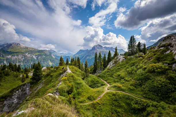 Aerial view of the Alps and the gypsum holes close to the mountain village Lech during summer