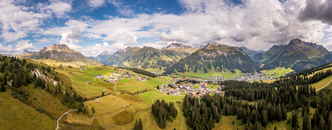 Aerial view of the mountain village Lech during summer