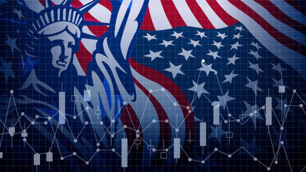 自由と経済の女神像、デジタル通貨データ図でアメリカ国旗の背景デザイン。ベクターイラストレーション。 - アメリカ合衆国点のイラスト素材／クリップアート素材／マンガ素材／アイコン素材