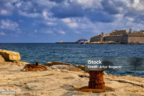 Marsamxett Harbour Old Waterfront In Malta Stock Photo - Download Image Now - Malta, Bay of Water, Bollard
