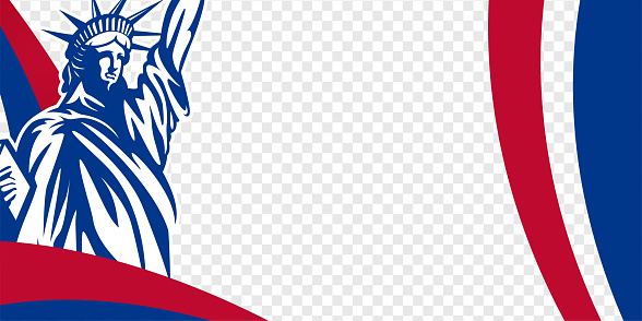 United States of America transparent banner background with red, blue stripe, and the statue of liberty. Vector illustration.