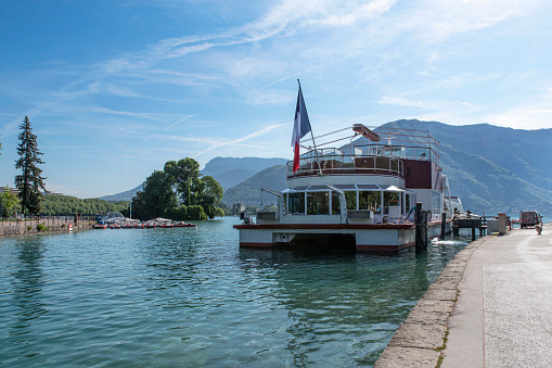 A restaurant boat for a trip on Lake Annecy in France