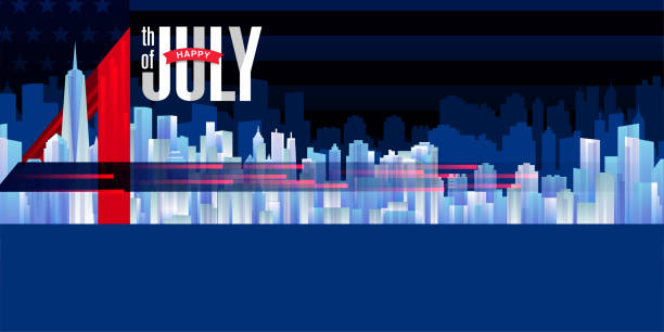 istock Modern American 4th of July banner background template with us cityscape illustration. Vector illustration. 1401371261