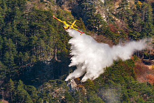 Firefighting aircraft extinguishing forest fire with lots of water in inaccessible area