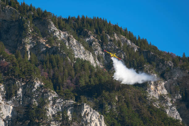 istock Firefighting aircraft flying over forest dropping water 1401371791