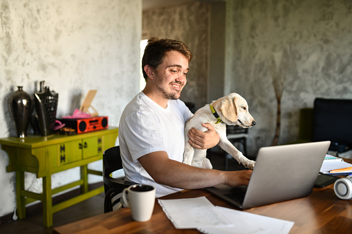Male Freelancer Happy With His Dog And Work From Home