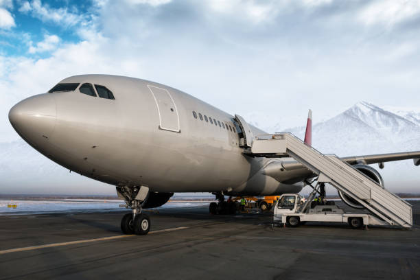 wide body passeggeri aereo e passi dell'aereo sul piazzale dell'aeroporto sullo sfondo di alte montagne panoramiche innevate - airfield mountain snow airport foto e immagini stock