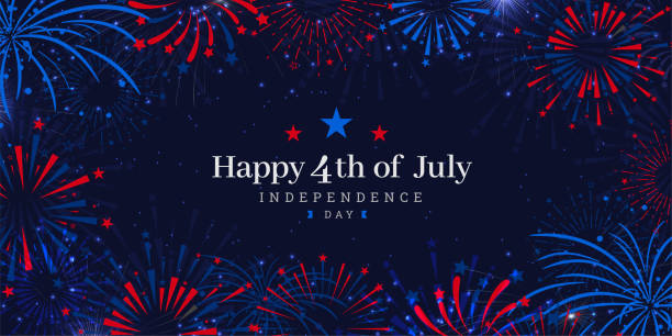 ilustrações, clipart, desenhos animados e ícones de estados unidos da américa 4 de julho dia de independência celebração fundo de fogos de artifício em fundo azul marinho escuro. ilustração vetorial. - independence holiday usa night