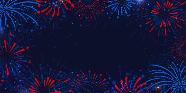 ilustrações, clipart, desenhos animados e ícones de estados unidos da américa 4 de julho dia de independência celebração modelo de fogos de artifício em fundo azul marinho escuro. ilustração vetorial. - 4th of july