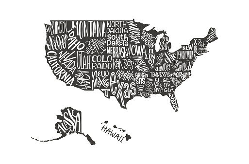 USA MAP. United States of America with text state names. Flat hand drawn black and white vector illustration. Design USA typography map with states text. American map for poster, banner, t-shirt.