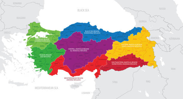 Map of the Turkey with administrative divisions of the country into Districts and Provinces, detailed vector illustration Map of the Turkey with administrative divisions of the country into Districts and Provinces, detailed vector illustration map of turkey nevsehir stock illustrations