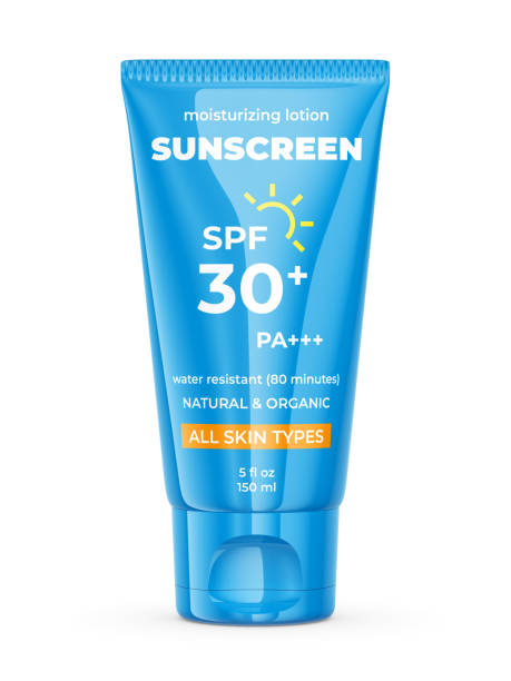 lozione solare con spf 30. contaiber tubo blu con crema solare - crema solare foto e immagini stock