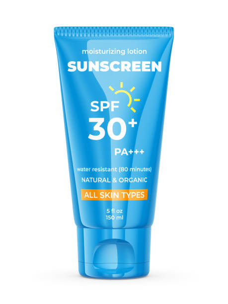 Sun protection lotion with SPF 30. Blue tube contaiber with sunscreen stock photo