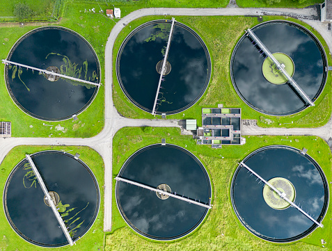 Aerial view of the basins from a sewage treatment plant